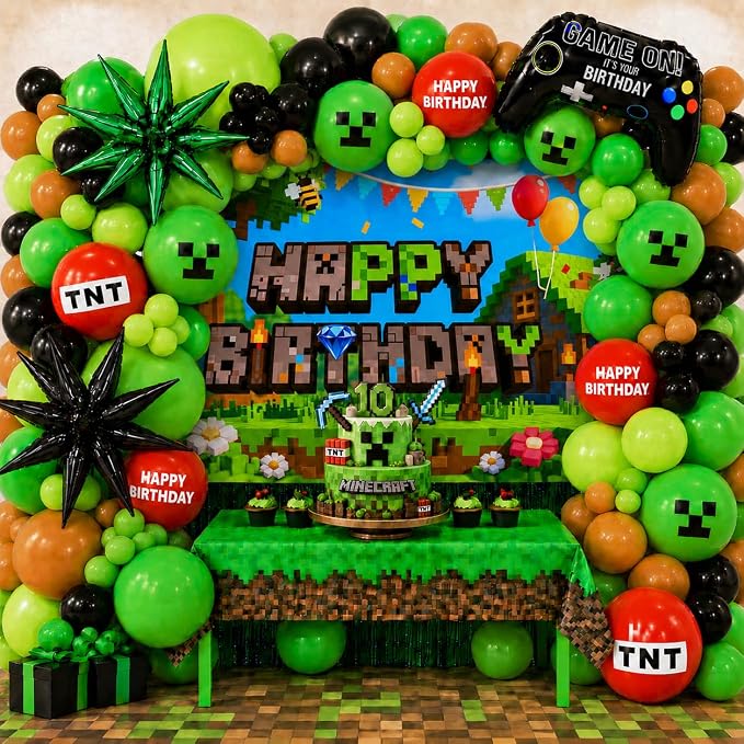 Pixel Game Birthday Party Decorations, Tablecloth, Foil Balloons, Fringe Curtain by Unknown
