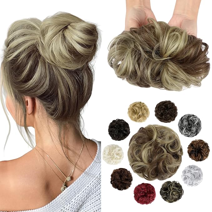 Messy Bun Hair Piece Wavy Curly Scrunchies Fluffy Donut Thick Updo Elegant Chignon Hairpieces for Women Girls, Blonde Mix Light Brown 1.4oz