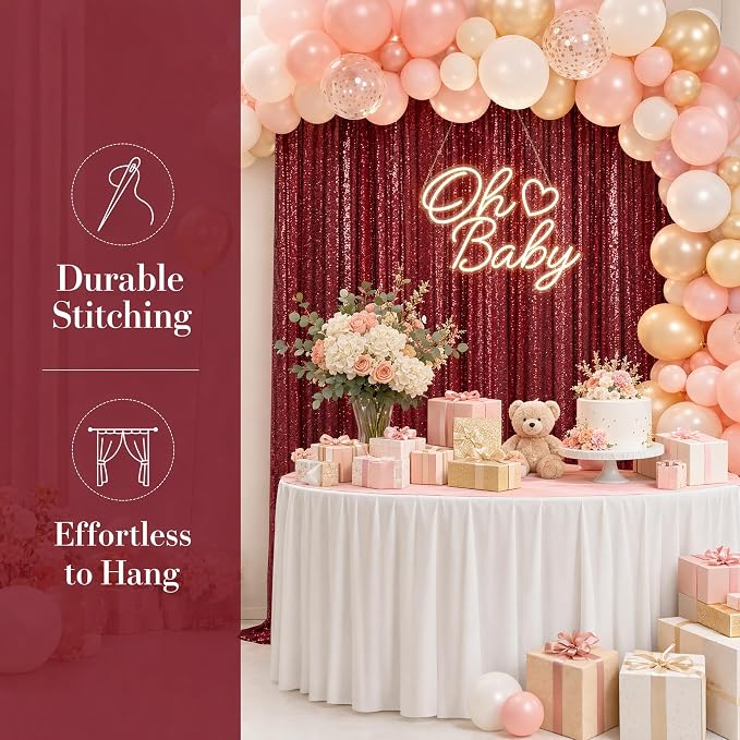 ShinyBeauty Sequin Backdrop 2 Panels 4x7ft Burgundy - Image 4