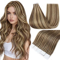 Full Shine Tape in Hair Extensions Color 4 Brown with 27 Blonde Highlights Remy Tape Ins Hair Human Hair Extensions Seamless Extensions 12 Inch Short Hair 20Pcs 30Grams Add Volume