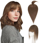 Hairro Mono Hair Toppers with Bangs, 3.4" x 3.4" Mono Base 100% Real Human Hairpieces for Women, 150% Density Clips In Topper for Greyish Thinning Hair, 16 Inch Medium Brown