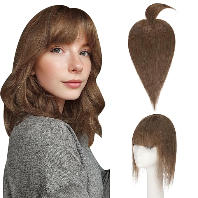 Hairro Mono Hair Toppers with Bangs, 3.4" x 3.4" Mono Base 100% Real Human Hairpieces for Women, 150% Density Clips In Topper for Greyish Thinning Hair, 12 Inch Medium Brown