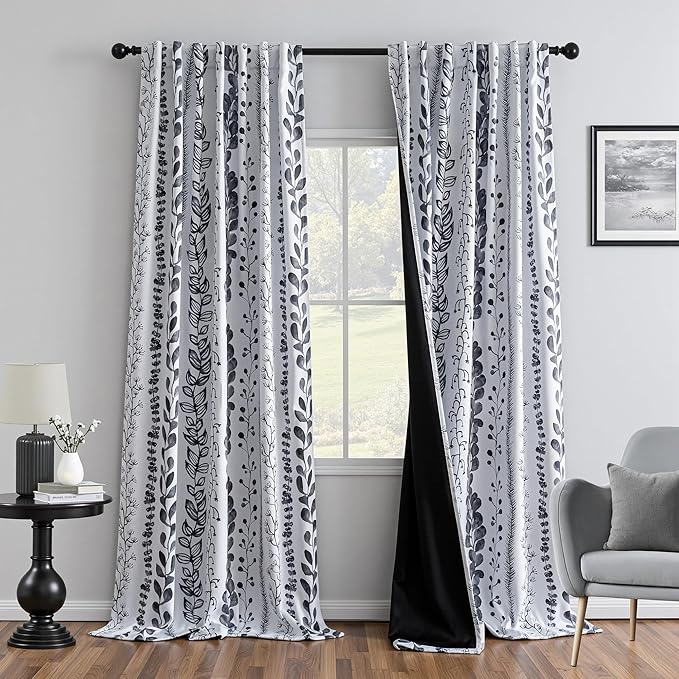 Boho Blackout Leaves Patterned Curtains 95 Inch Long 2 Panels Set by MEETSKY
