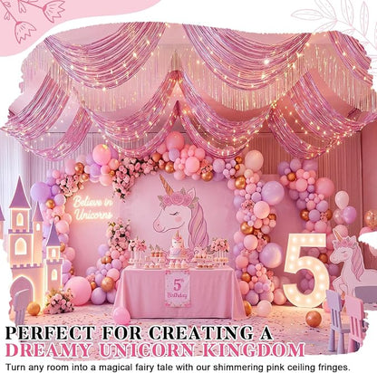 4 Pcs Iridescent Pink 15ft Metallic Foil Ceiling Fringe Curtains, Party Decor - Image 3