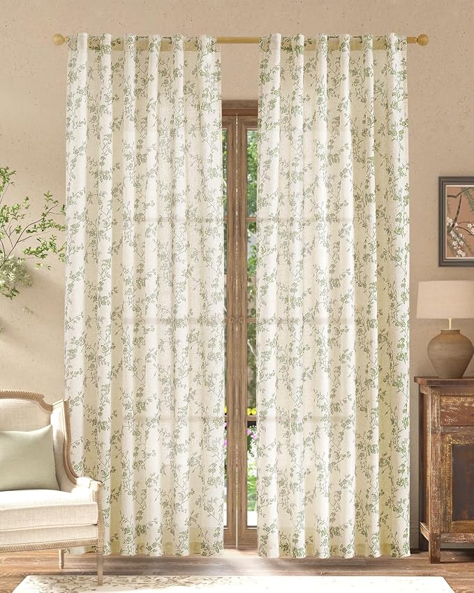 jinchan Green Floral Linen Curtains 84 Inch Farmhouse Back Tab 2 Panels | - Image 2
