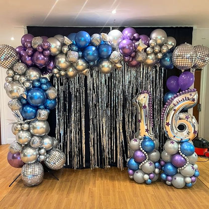 Outer Space Balloons, 12 Inch Metallic Black Purple Blue and Silver Confetti - Image 6