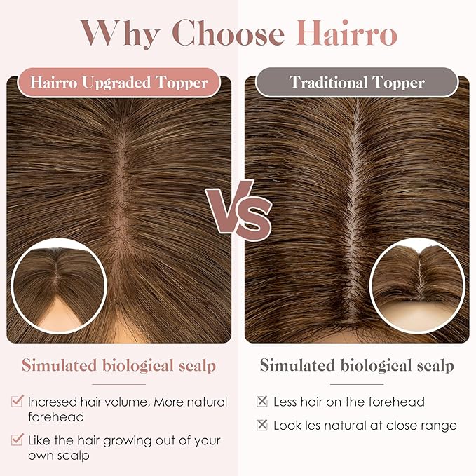 Hairro Human Hair Toppers Free Parted, 3.5x4.7" Base Hand-wovened 100% Real Hairpieces, with Invisible Clips-in for Women, for High Hairline/Adding Volume on Top, 12 Inch Mocha Brown