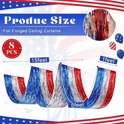 8 Pcs 4th of July Decorations 15ft Patriotic Metallic Foil Ceiling Fringe - Image 2