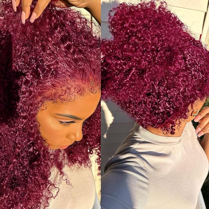 250 Density Hidden Strap Water Wave 360 99j Burgundy Glueless Wigs Human Hair Pre Plucked Pre Bleached Human Hair Wig With Drawstring Wet and Wavy HD Full Lace Front Wigs Human Hair 18 Inch