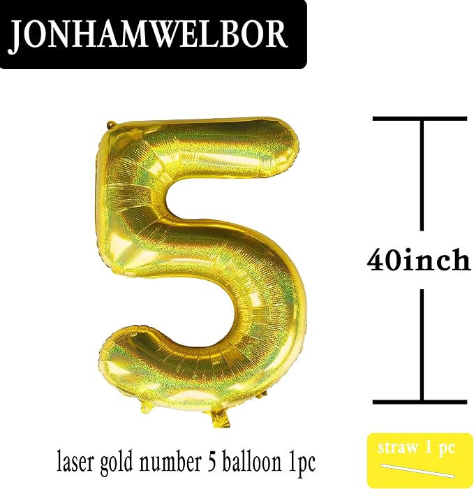 Jonhamwelbor 40 Inch Laser Gold Number 5 Balloon Foil Mylar Giant Balloon - Image 2