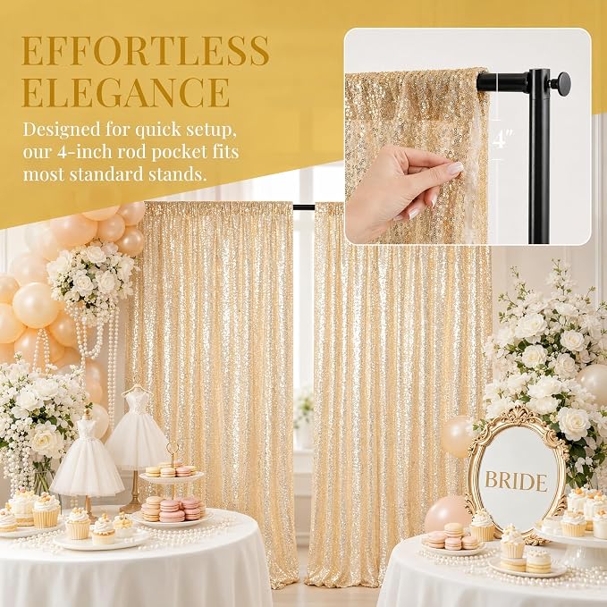 ShinyBeauty Light Gold Sequin Backdrop 2 Panels 7x7ft Christmas Backdrop | - Image 3