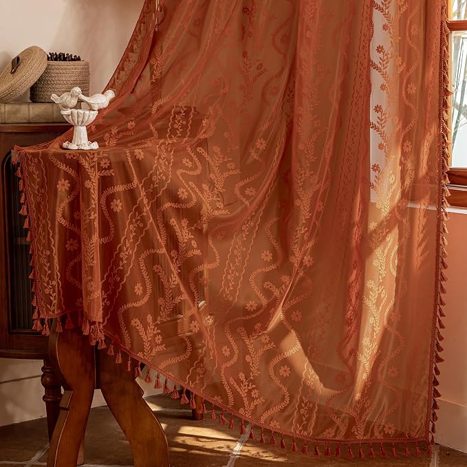 WAZZIO Boho Lace Curtains 105 Inch 2 Panels-Vintage Sheer Panel Drape Floral by WAZZIO