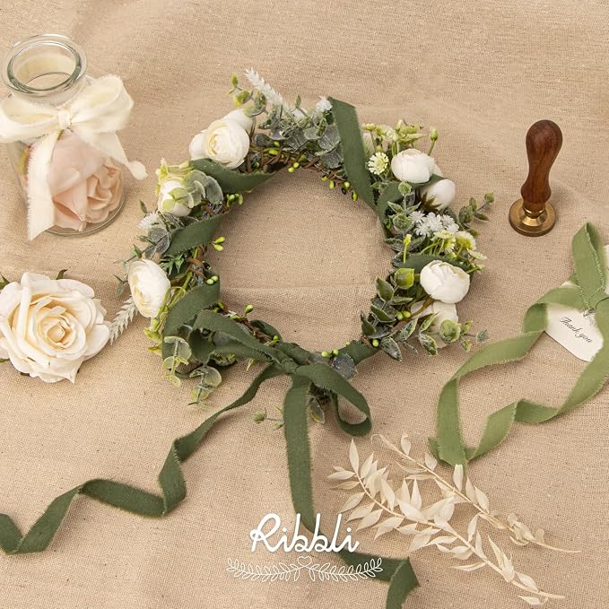 Ribbli 3 Rolls Green Ribbon 5/8 Inch x 18Yards Ivory Sage Moss Handmade Cotton - Image 5
