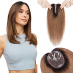 Hairro 100% Human Hair Topper No Bangs, Real Clip in Hair Hairpieces for Women, 3.94x4.72" Silk Base for Thinning Receding High Hairline, 12 Inch Natural Black to Medium Brown Middle Part