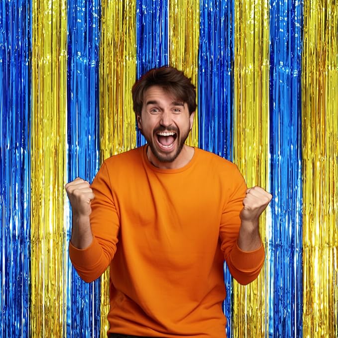 Voircoloria Blue Gold Foil Fringe Backdrop Curtains, 2 Pack | Tinsel Streamers - Image 5