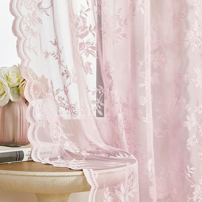 72 Inch Pastel Pink Lace Curtains 2 Panels Rod Pocket Big Flower Embroidery by SEEKRIGHTHomeDecor