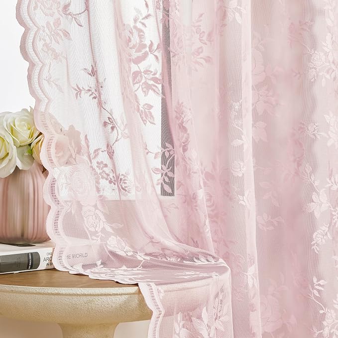 Light Pink Lace Curtains 45 Inch Length 2 Panels Rod Pocket Large Floral by SEEKRIGHTHomeDecor
