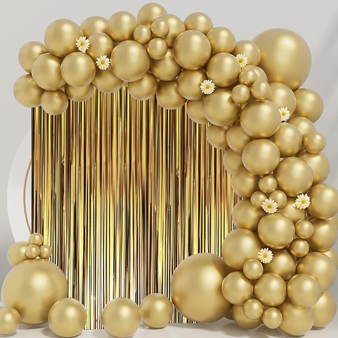 Voircoloria Dark Gold Foil Fringe Backdrop Curtains, 3 Pack | Tinsel Streamers - Image 7