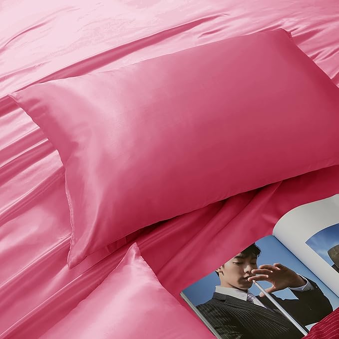 Peach Red Satin Pillowcase Standard Set of 2 with Envelope Closure，Peach Red Silk Pillowcase for Hair and Skin (20x26)