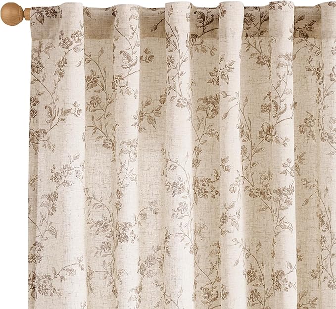 Extra Long Taupe Vintage Floral Linen Curtains Farmhouse 2 Panels | Elisa Series by Lazzzy