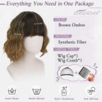 BARSDAR Brown Ombre Short Wavy Wig with Bangs - Short Wavy Brown Wig for Women - Fluffy Soft Synthetic Curly Textured French Bob Ombre Wigs with Bangs Natural Looking Face-Framing Daily