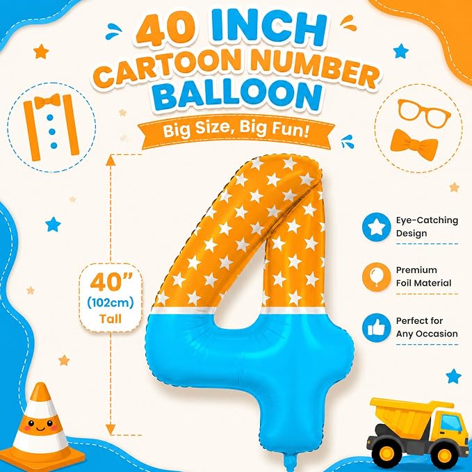 40 Inch Orange Blue Number 4 Balloon, Bow Tie Glasses Design - Image 3