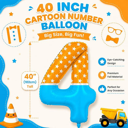 40 Inch Orange Blue Number 4 Balloon, Bow Tie Glasses Design - Image 3
