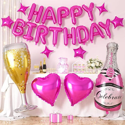 Hot Pink Happy Birthday Balloons Banner, Star Heart Balloons, Champagne Bottle by Hapmori