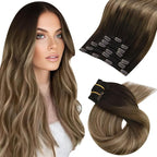 Moresoo Clip in Hair Extensions Real Human Hair Balayage Double Weft Clip in Extensions Human Hair Ombre Hair Extensions Clip ins Dark Brown to Golden Brown with Dark Ash Blonde 7pcs 120g 20inch