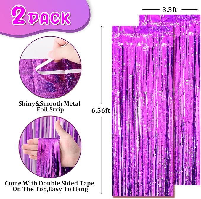 Voircoloria Laser Purple Foil Fringe Backdrop Curtains, 2 Pack | Tinsel - Image 4