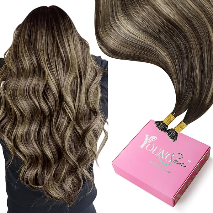 YoungSee 24 inch Nano Beads Hair Extensions Balayage Dark Brown with Ash Blonde Invisible Nano Hair Extensions Human Hair Long Straight Nano Rings Human Hair Extension Balayage Cold Fusion 1g/s 50g