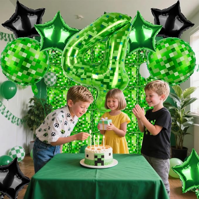 40 Inch Green Pixel Themed Number 4 Balloon Set Foil Balloon - Image 7