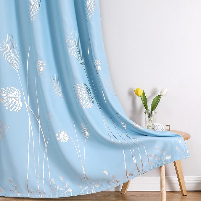 Sky Blue Blackout Curtains for Living Room, Room Darkening Silver Palm Tree - Image 7