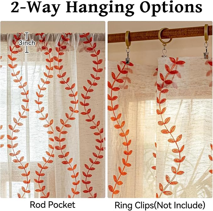 2 Panels Linen Leaf String Floral Embroidered Semi Sheer Curtain Farmhouse - Image 5