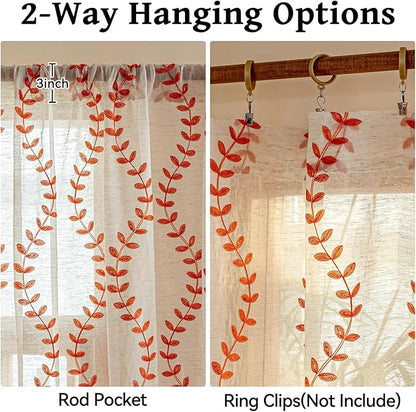 2 Panels Linen Leaf String Floral Embroidered Semi Sheer Curtain Farmhouse - Image 5