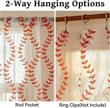 2 Panels Linen Leaf String Floral Embroidered Semi Sheer Curtain Farmhouse - Image 5