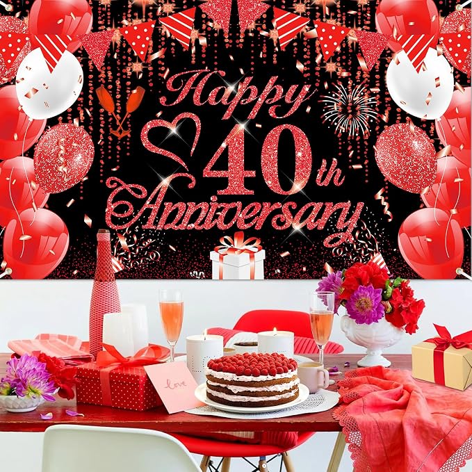 40th Anniversary Decorations Red Black Happy Banner Ruby Wedding - Image 2