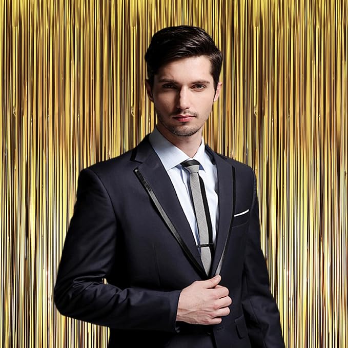 Voircoloria Dark Gold Foil Fringe Backdrop Curtains, 3 Pack | Tinsel Streamers - Image 6