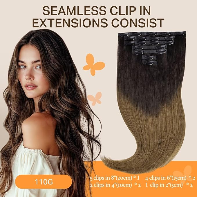 DOORES Seamless Clip-in Hair Extensions, Chocolate Dip Color Melt 110g 7pcs 18 Inch, Invisi Edge Remy Natural Straight Hair