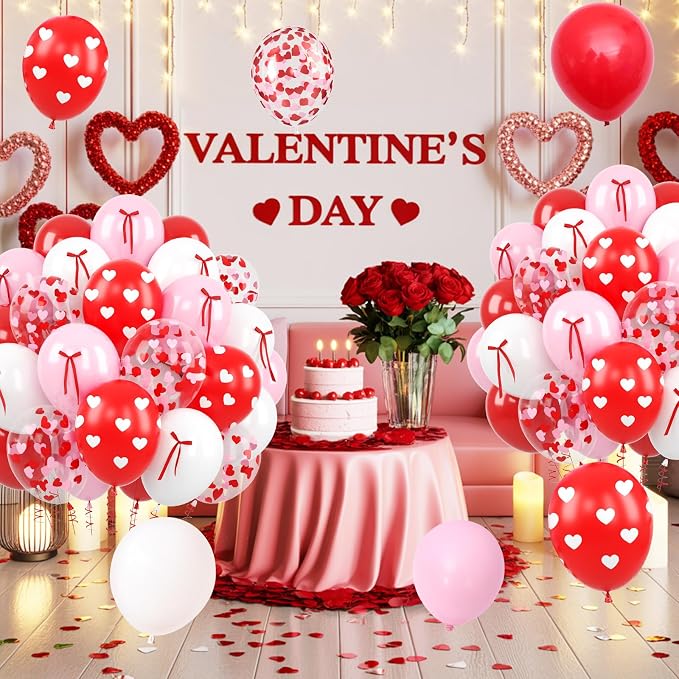 60 Pcs Pink and Red Balloons, 12 Inch Red Heart Printed Latex Balloon, Pastel - Image 5