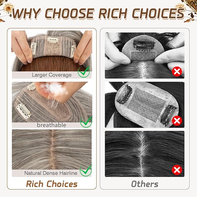 Rich Choices Real Human Hair Toppers for Women With Bang 100% Remy Human Hair Topper for Thinning Hair Clip in Silk Base Hair Topper 14 Inch Salt and Pepper G2 Silver