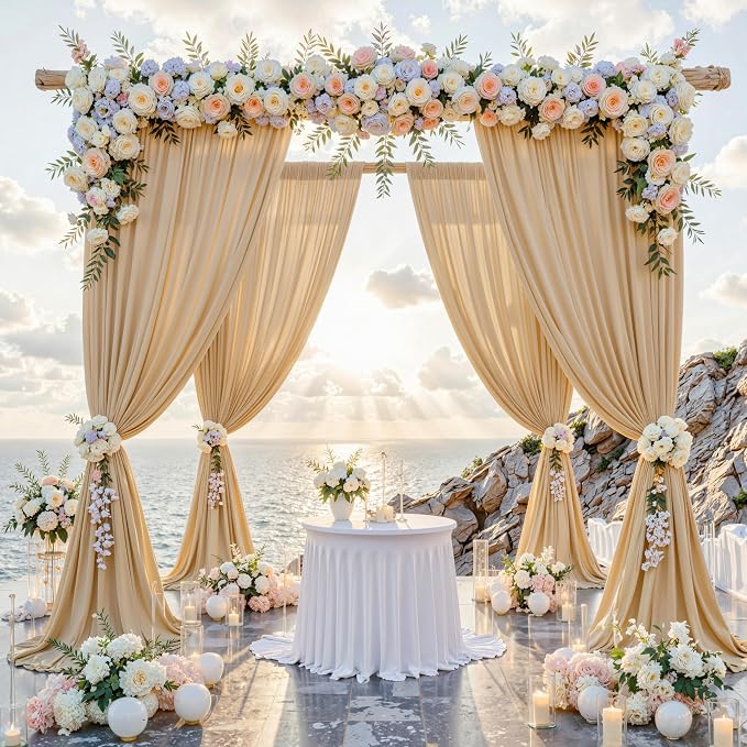 50 ft x 10 ft Wrinkle Free Champagne Backdrop Curtain - Image 2