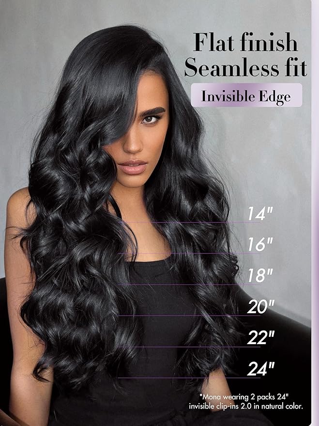 LUVME Invisible Clip in Hair Extensions Body Wave Real Human Hair, Remy Hair Clip ins for Women, Natural Human Hair, 24 inch 110g 6Pcs, Natural Black
