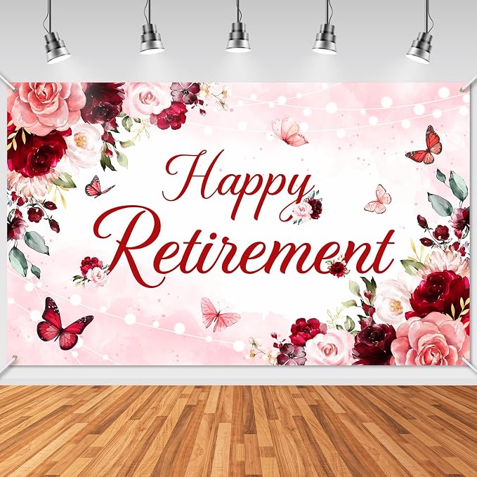 Happy Retirement Banner for Women Burgundy Floral Retirement Party Decorations by AVEZANO