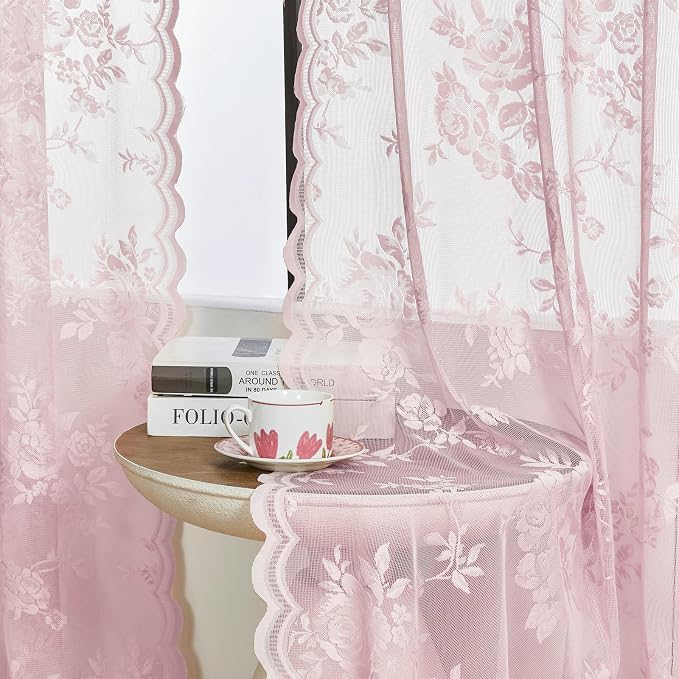 Light Pink Lace Curtains 84 Inch Length 2 Panels Rod Pocket Large Floral Lace - Image 3