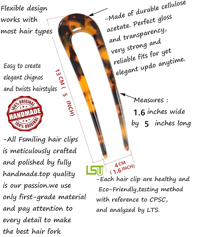 Fsmiling French Hair Pins Tortoise Shell U Shaped 2 Prong Hair Sticks Acetate Chignon Pin for Women Hairstyle Accessories 2 Pack