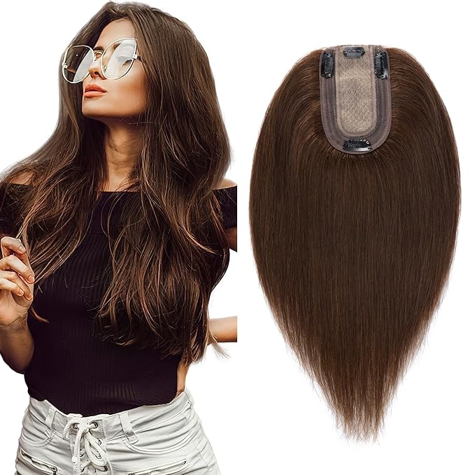 SEGO Real Human Hair Topper for Women, No Bangs Hair Topper with Anti-Slip Clips (18 Inches Medium Brown)
