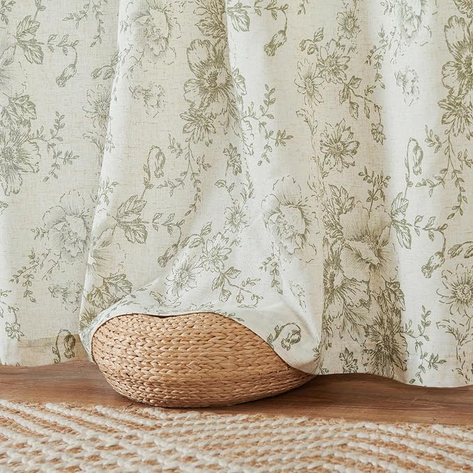 jinchan Green Floral Linen Curtains 63 Inch Farmhouse Back Tab 2 Panels | Light - Image 7