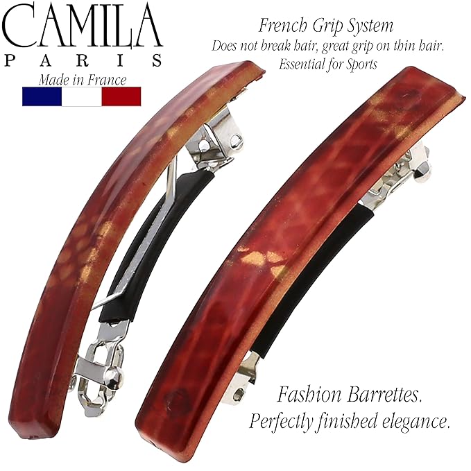 Camila Paris CP3031 French Hair Barrette Clip for Girls, Set of 2 Red Rubberized Metal Clasp Strong Hold Grip Hair Clips for Women, No Slip Durable Styling Girls Hair Accessories, Made in France