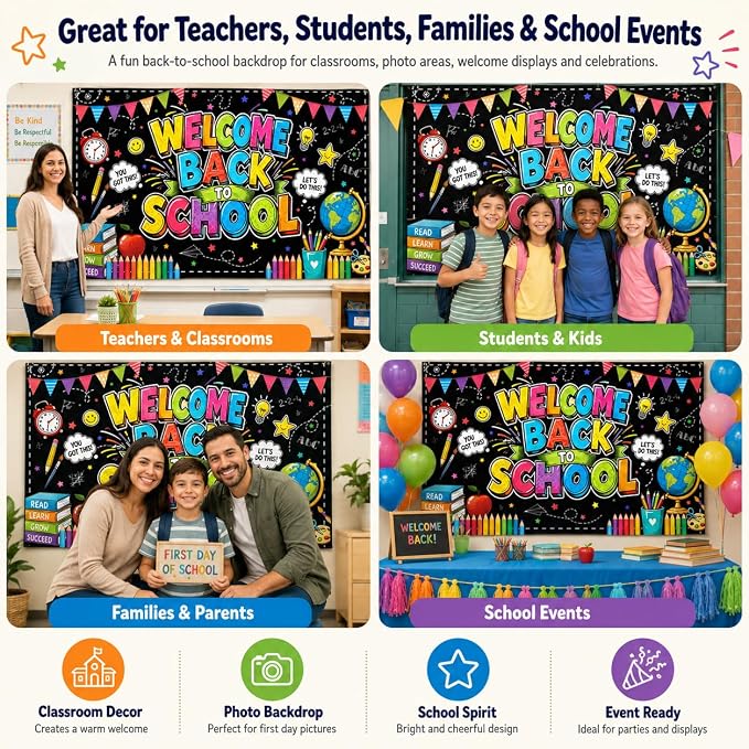 Welcome Back to School Backdrop 72x43 Inch Polyester Fabric, Colorful - Image 3